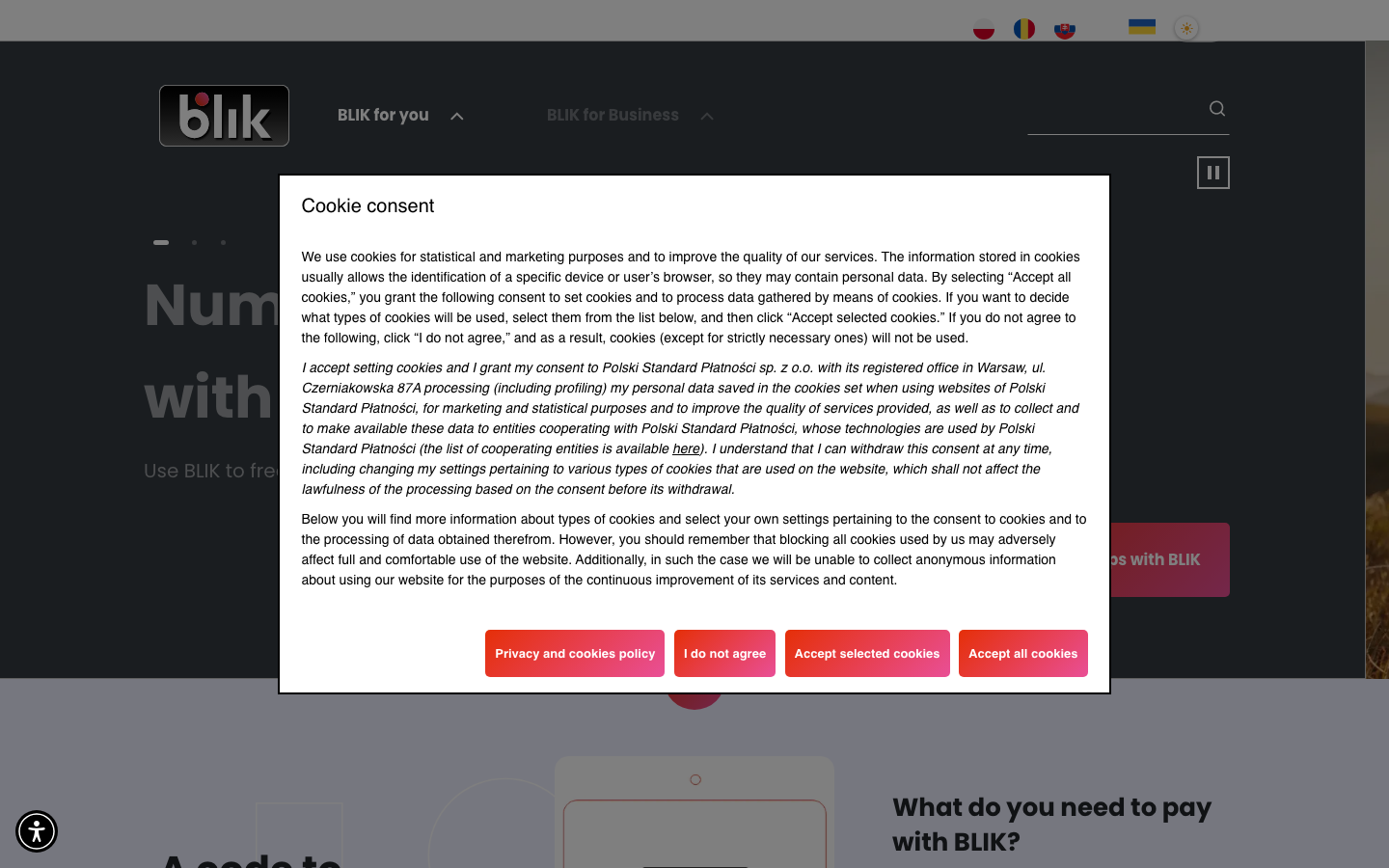 Screenshot of the official BLIK homepage showing the bank-integrated code payment system