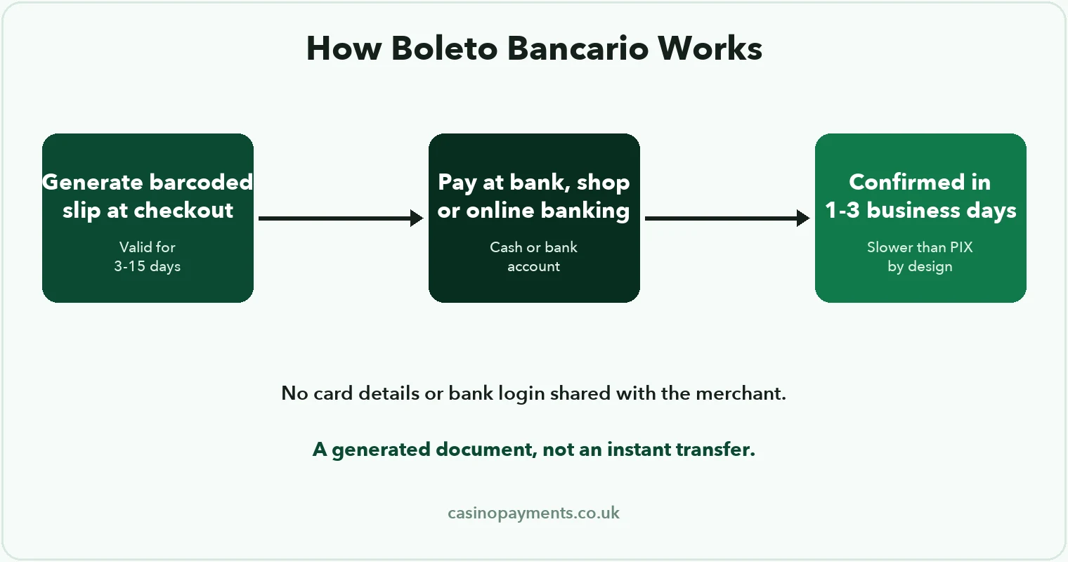 Diagram: how Boleto Bancario works — a barcoded slip is generated, paid at a bank or retailer, and confirmed one to three business days later