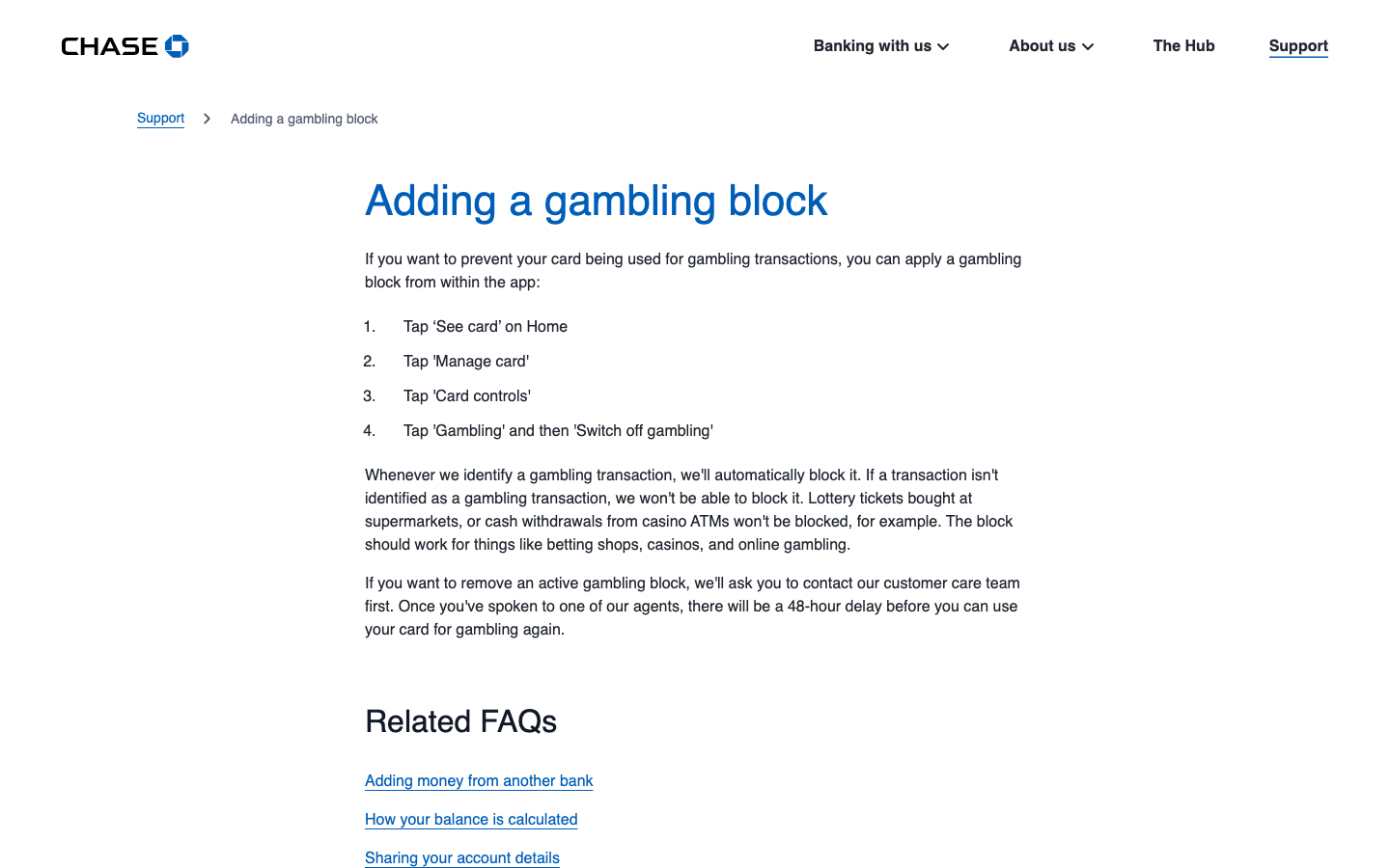 Screenshot of the official Chase UK support page for adding a gambling block, showing the 48-hour removal delay