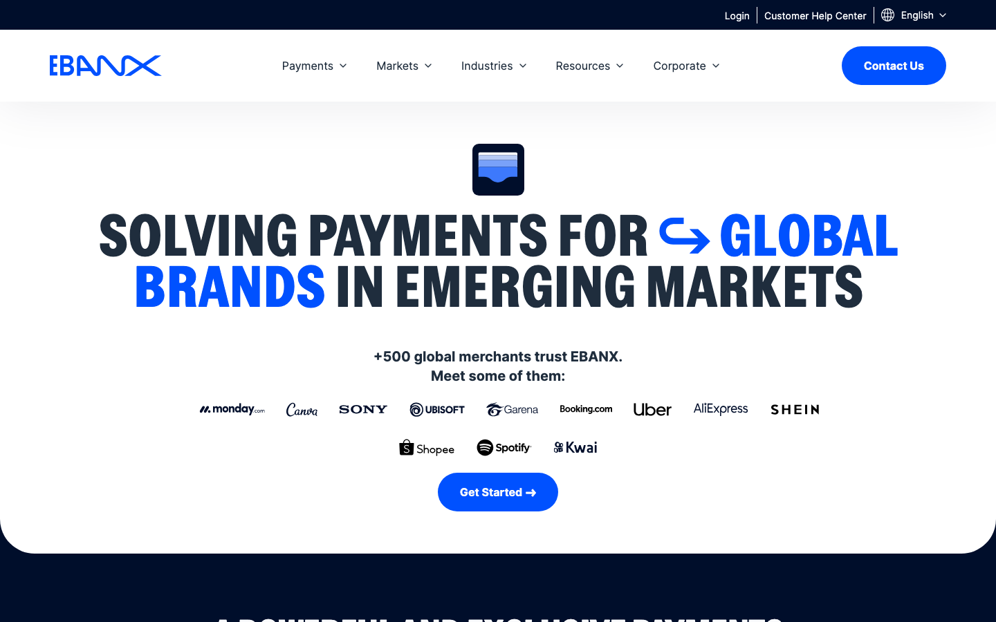 Screenshot of ebanx.com official homepage, processor of Boleto payments