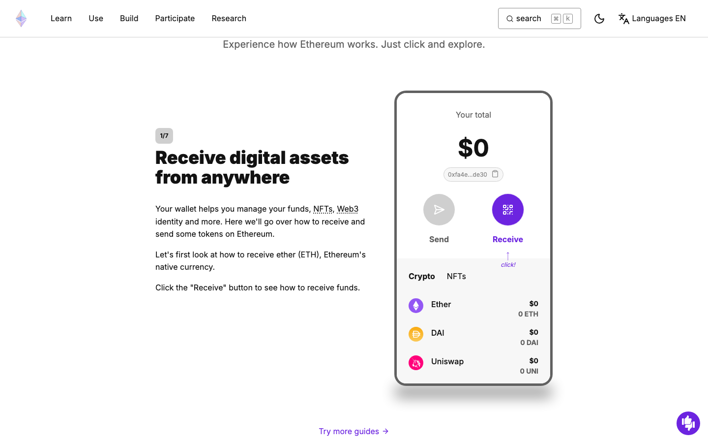 Screenshot of ethereum.org official site — interactive wallet demo, receive digital assets from anywhere