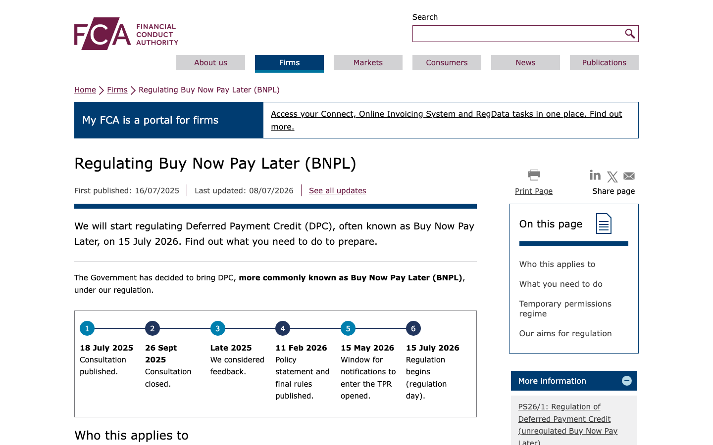 Screenshot of the FCA official page on regulating Buy Now Pay Later, showing the 15 July 2026 regulation start date