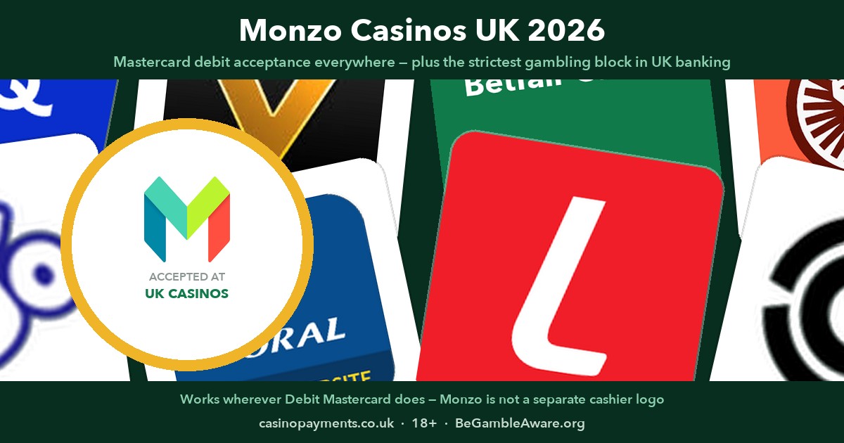 Monzo casinos UK 2026 — the Monzo badge among MrQ, Ladbrokes, Coral, Betfair and other UKGC casino card-accepting brands