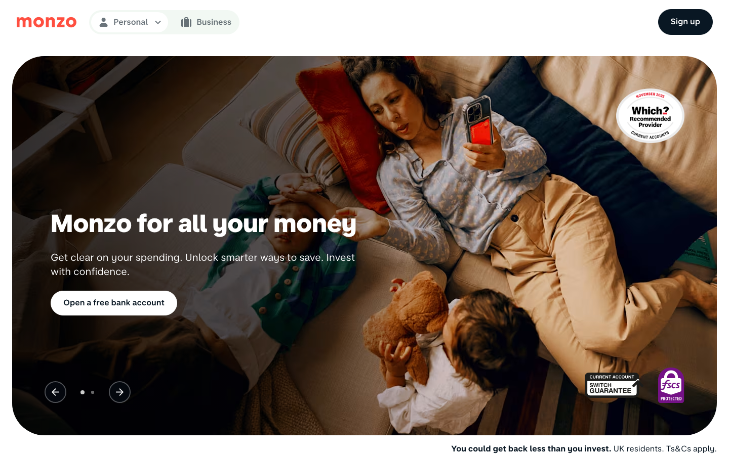 Screenshot of monzo.com official homepage showing the November 2025 Which? award and FSCS protection badge