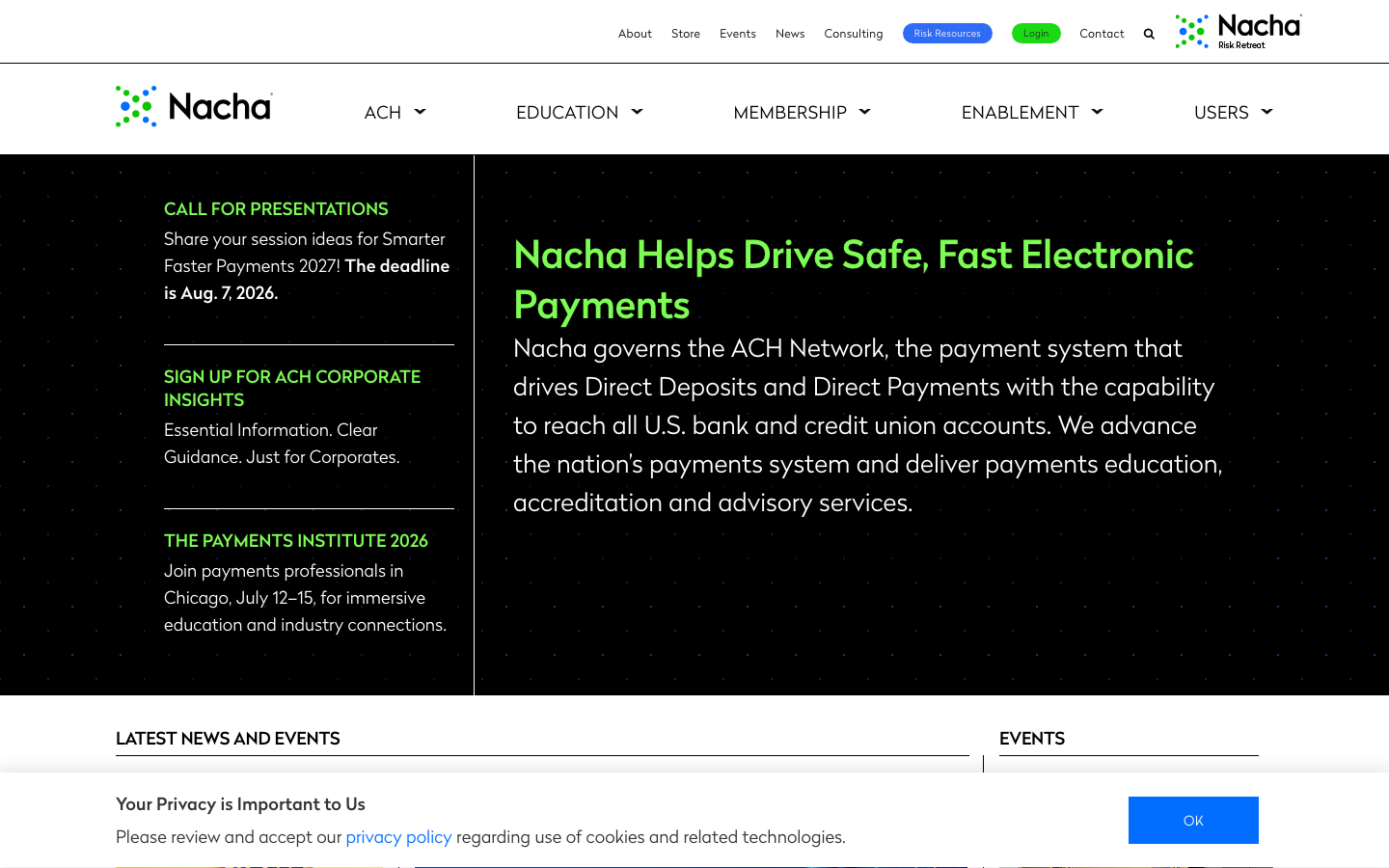 Screenshot of nacha.org, the official governing body of the ACH Network