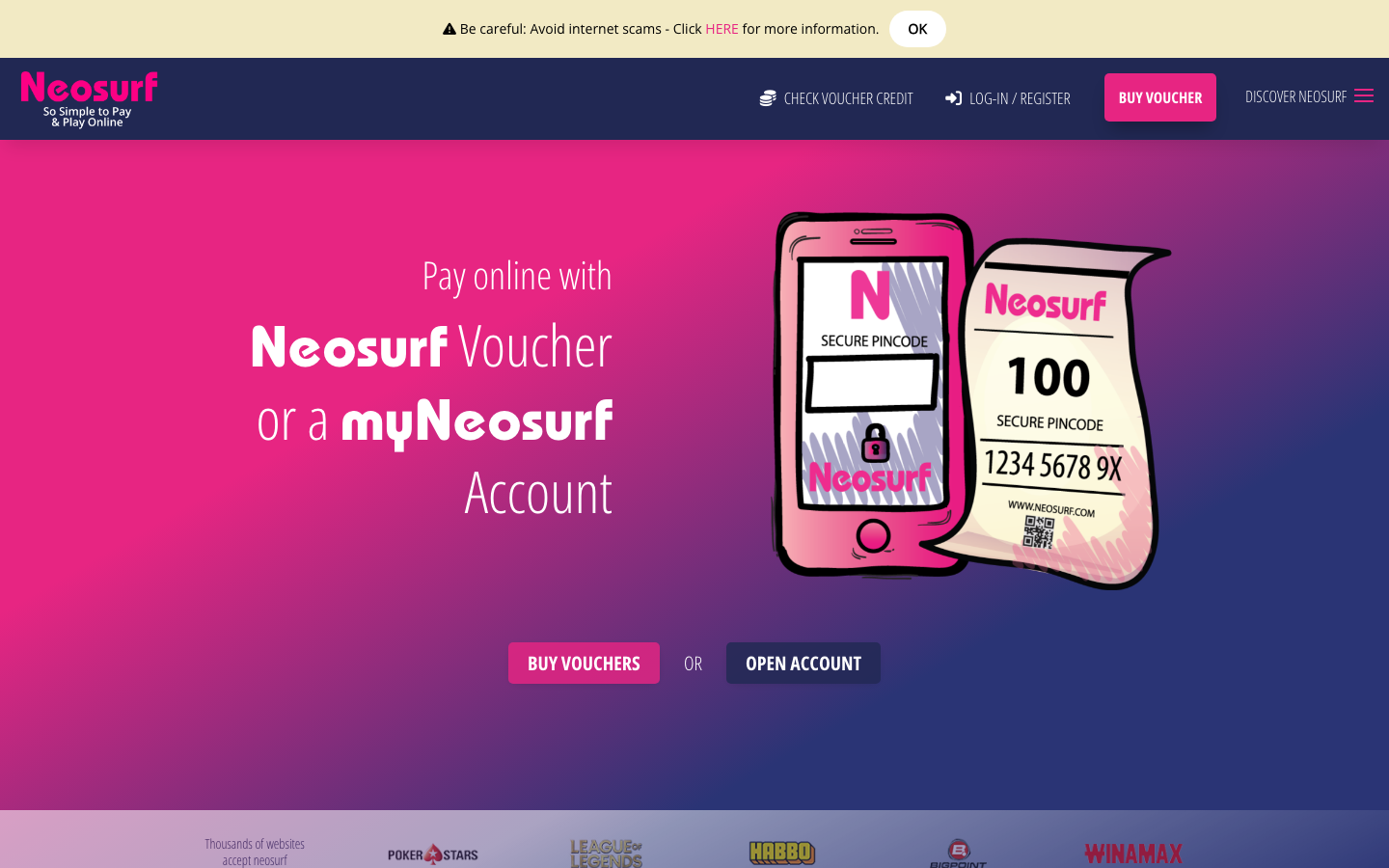 Screenshot of neosurf.com official homepage