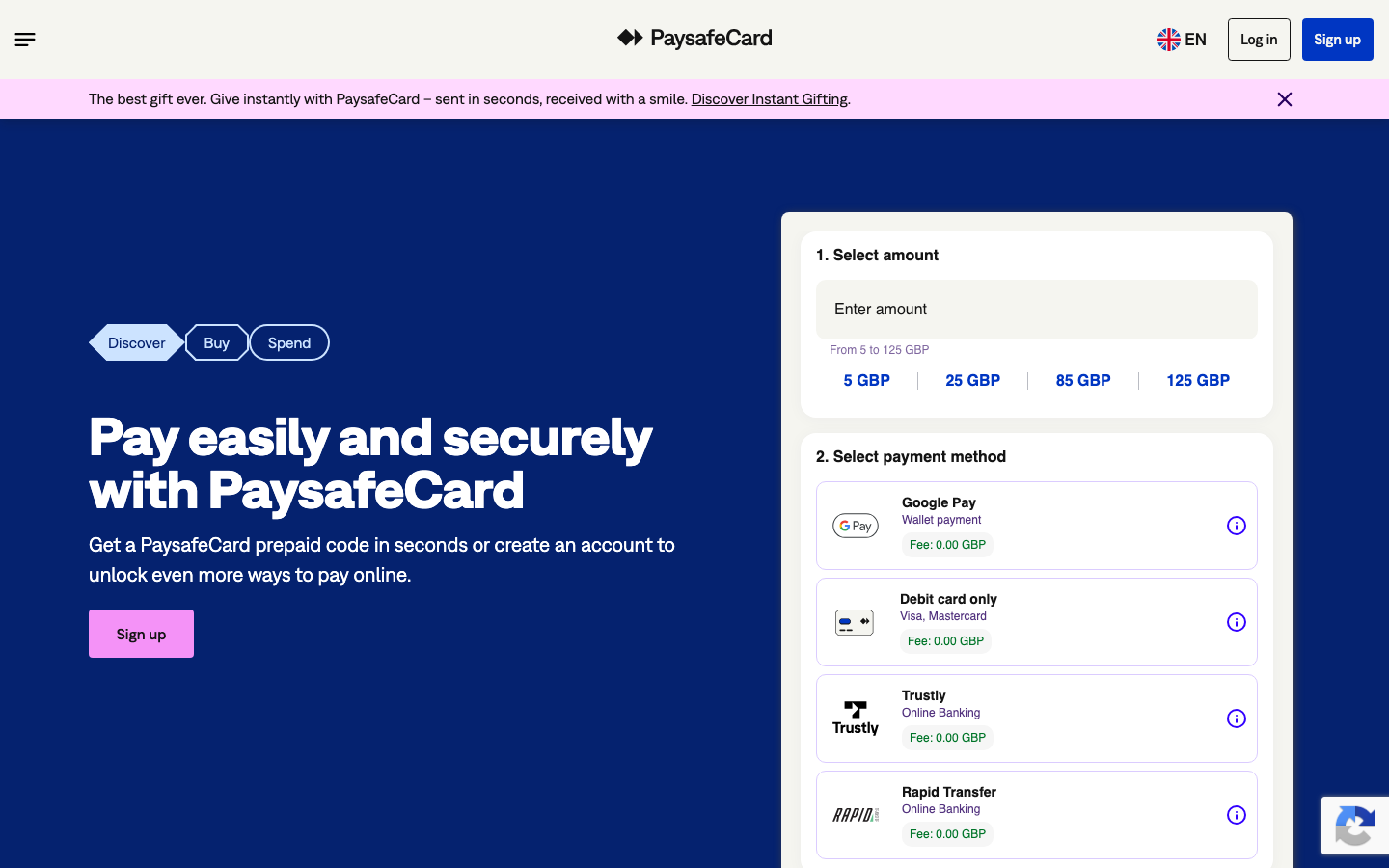 Screenshot of paysafecard.com official UK homepage