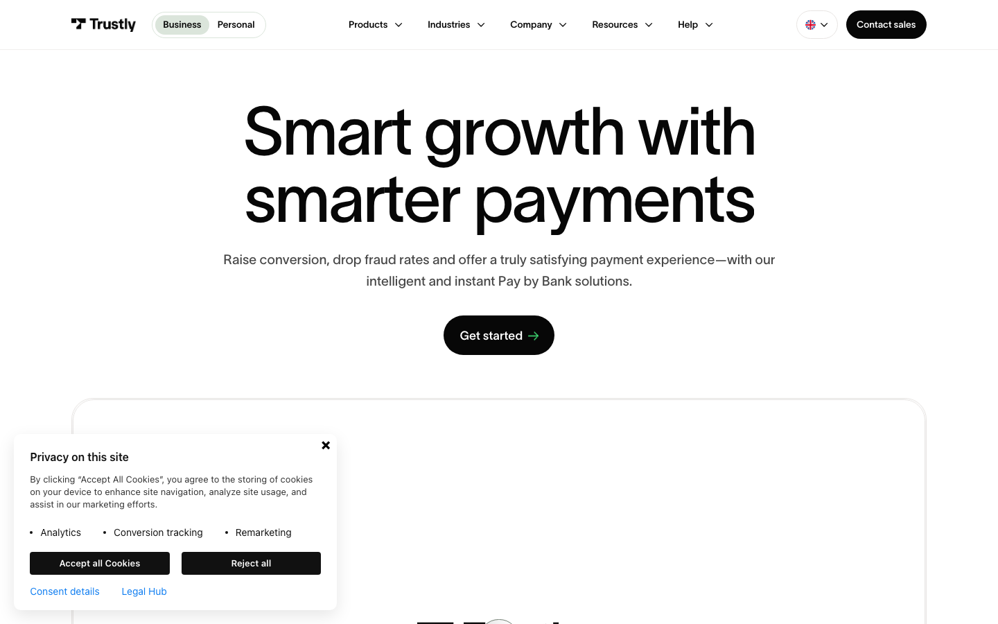 Screenshot of trustly.com official homepage — instant Pay by Bank solutions, UK region