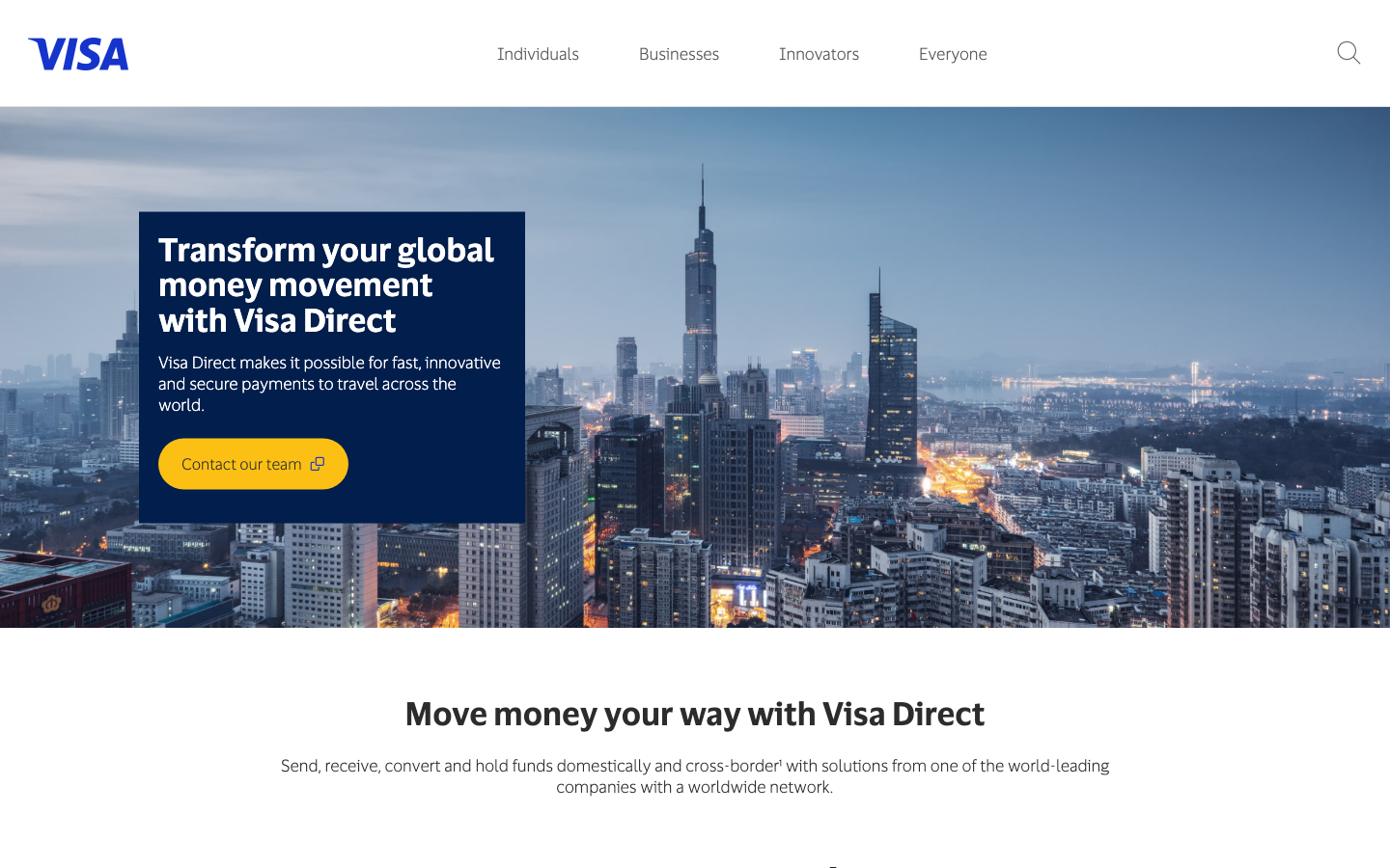 Screenshot of Visa Direct official product page on visa.co.uk — global money movement