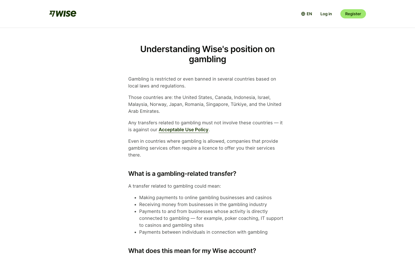 Screenshot of the official Wise help centre page explaining Wise&rsquo;s position on gambling and its restricted countries