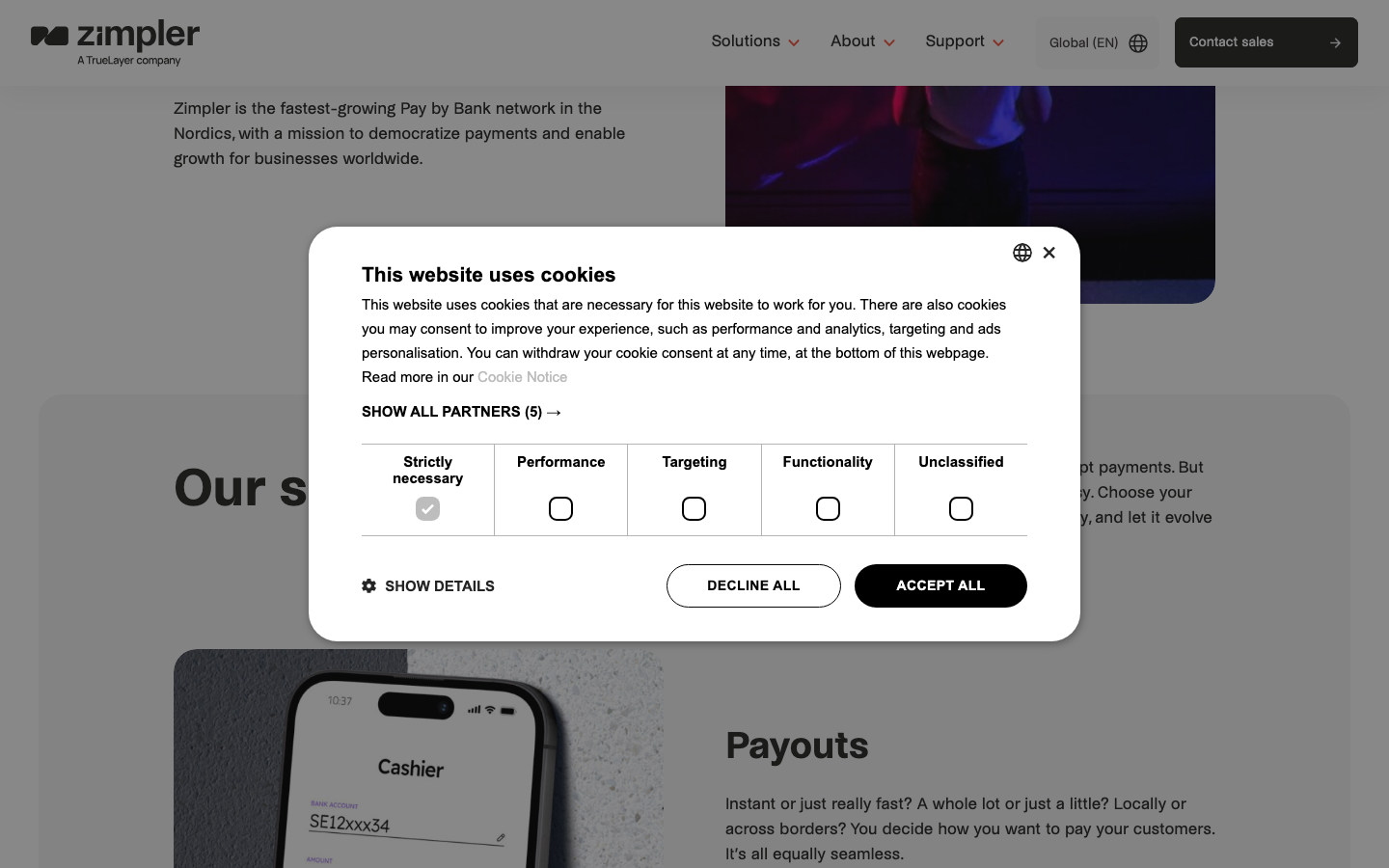 Screenshot of zimpler.com official homepage showing the tagline 'A TrueLayer company'