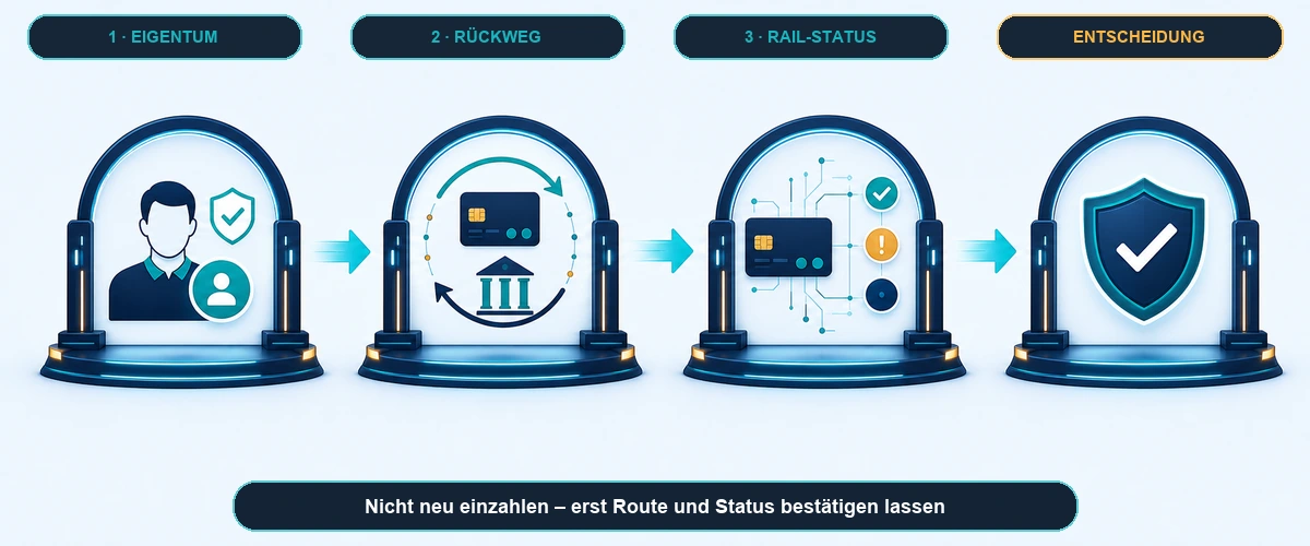 Prüfpfad von alter Zahlungsmethode über Status und Eigentum zum neuen Auszahlungskonto