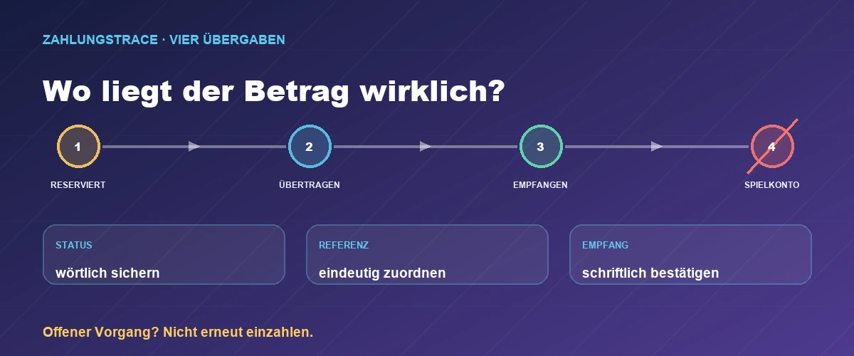 Zahlungsweg von der Kartenreservierung über den Zahlungsempfang bis zum Spielkonto