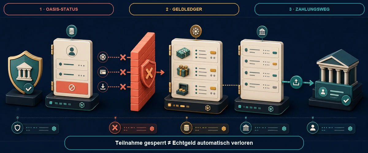 Drei Ledger für OASIS-Status, Casino-Guthaben und Zahlungsweg