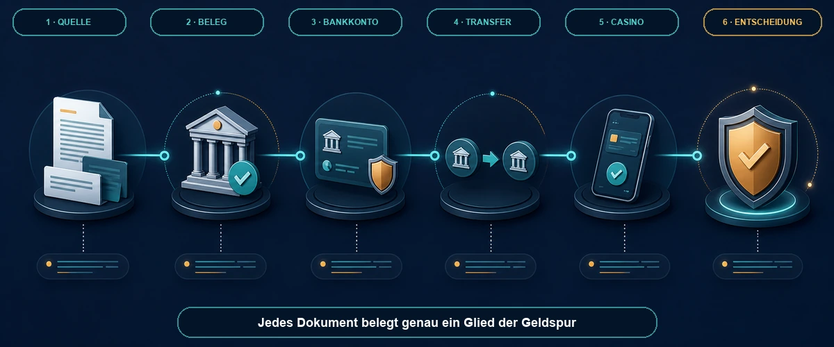 Nachweiskette von Geldquelle über Bankkonto bis zur Casino-Transaktion
