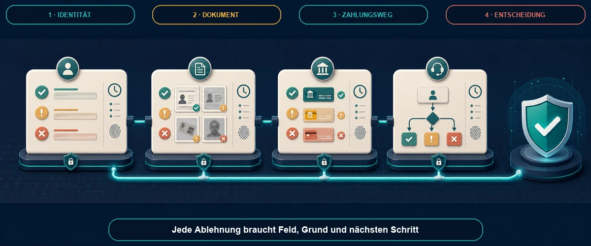 Vier-Ledger-Modell für Identität, Dokument, Zahlungskonto und Entscheidung