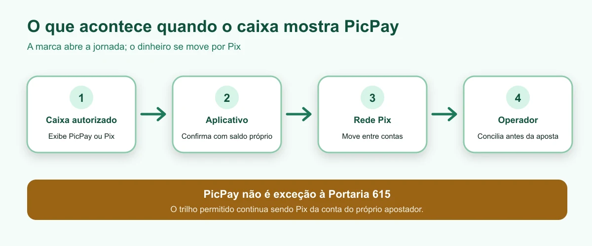 Fluxo editorial de um depósito PicPay que usa saldo próprio e a rede Pix