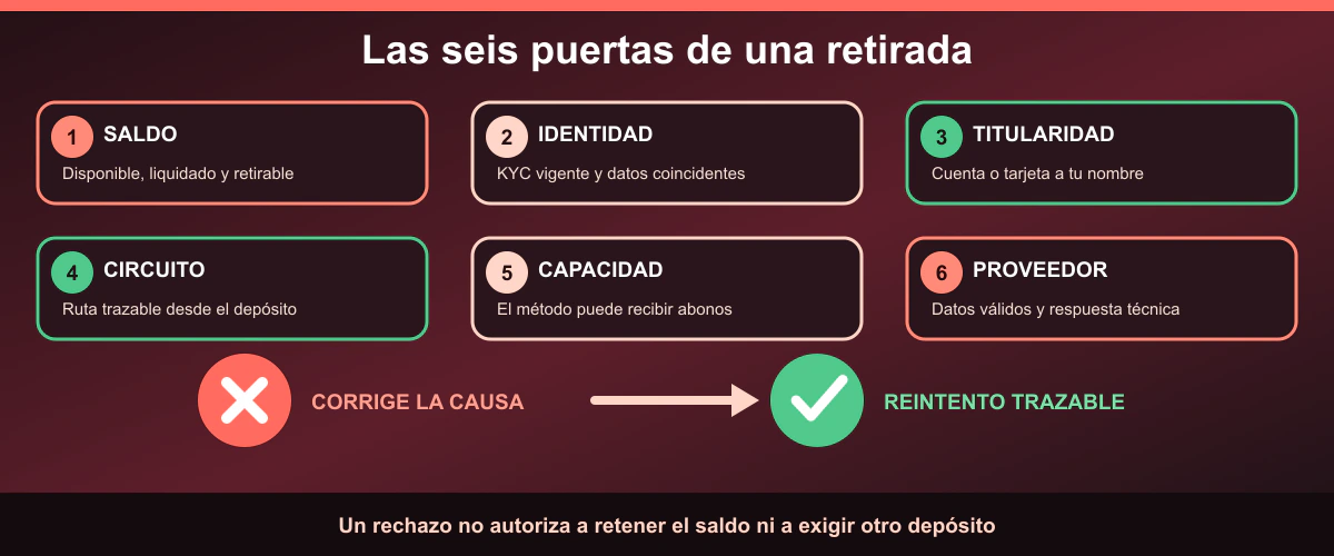 Diagrama de las seis comprobaciones que pueden rechazar una retirada de casino